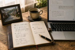 聞く・書く仕事を象徴するノートとコーヒー、静かなフラットレイ