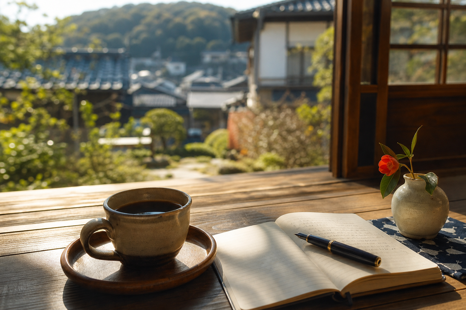 縁側のコーヒーとノート、豊かな時間を象徴する静かな朝の風景